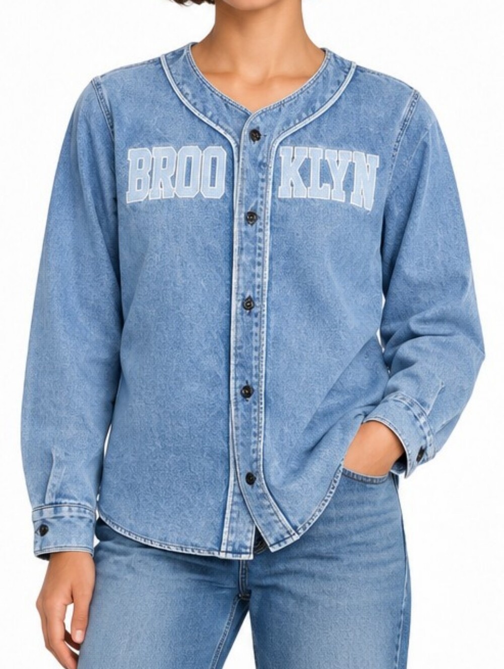 Kroix Womens Denim Baseball Shirt Brooklyn 01 Light Wash Blue Button Up XL